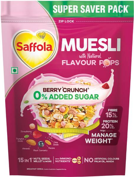 Saffola Muesli 0% Added Sugar Berry Crunch with Flavour Pops | Helps Manage Weight Pouch