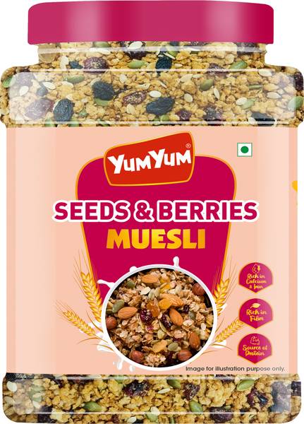 YUM YUM Seeds & Berries Muesli 750g | High Source of Protein | Instant Breakfast Cereal- Jar