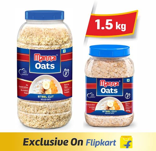 Manna Oats - 1.5kg (1kg x 1 Jar and 0.5kg x 1 Jar) | Gluten Free Steel Cut Rolled Oats | High in Fibre &amp; Protein | 100% Natural | Helps Maintain Cholesterol. Good for Diabetics Plastic Bottle  (2 x 0.75 kg)