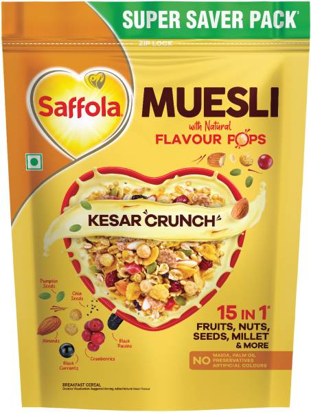 Saffola Muesli Kesar Crunch 700g with flavour pops I 36% fruits, nuts, seeds millets Pouch