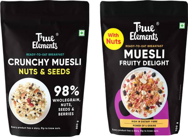 True Elements Nuts & Seeds Crunchy Muesli 800gm + Fruity Delight Muesli 700gm|Breakfast Cereal Pouch