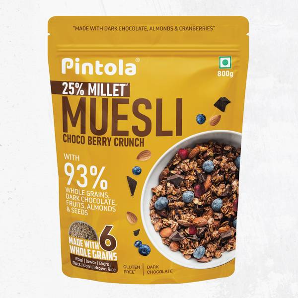 Pintola Dark Chocolate & Cranberry 25% Millet Muesli(22% Fruits,Nut,Seeds,6 Wholegrains) Pouch