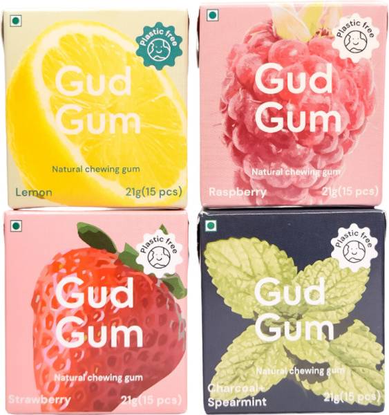 gud gum Mini Pack - Plastic-Free, Sugar-Free, Natural, Vegan Chewing Gum Raspberry, Strawberry, Charcoal Mint, Lemon Chewing Gum