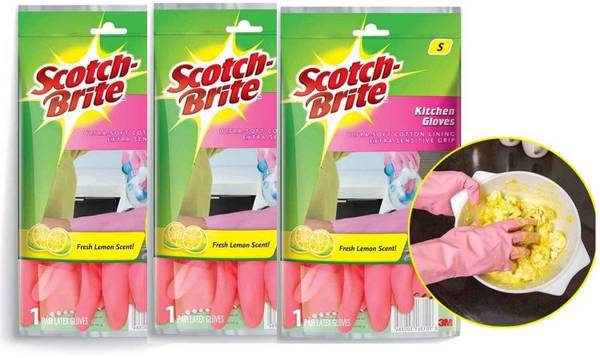 Scotch-Brite Latex Kitchen Gloves (Pink) Wet and Dry Glove Set