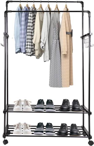 ADA Aluminium Floor Cloth Dryer Stand High Density Drizzle Metal Garment Rack with Side Hooks and 2 Lower Shelves