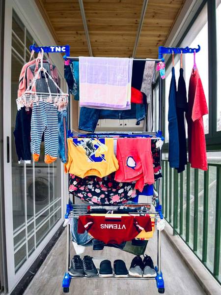 TNC Steel Floor Cloth Dryer Stand Foldable & Movable Heavy Stainless Steel Double Pole 3 Tier Stand B2SS3T V-044