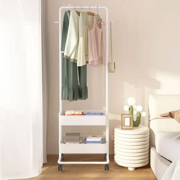 LEOPAX Trolley Coat Rack With Wheels, Garment Rack With 2 Tier Storage Shelf & 2 Hooks Metal Coat and Umbrella Stand