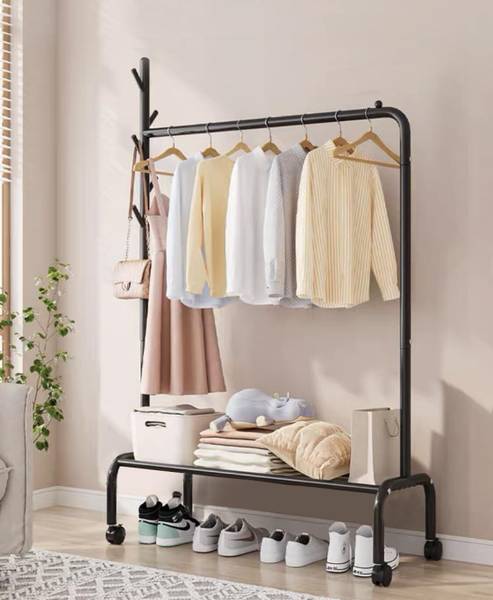 lukzer Multipurpose Heavy-Duty Single Pole Garment Rack with Wheels 1 Bottom Shelf Metal Coat and Umbrella Stand