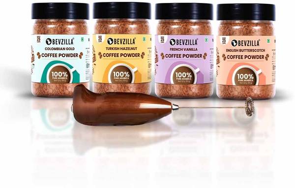 Bevzilla 50GM X4 Coffee Jars & Frother | Hazelnut, Colombian Gold, Butterscotch & Vanilla Instant Coffee