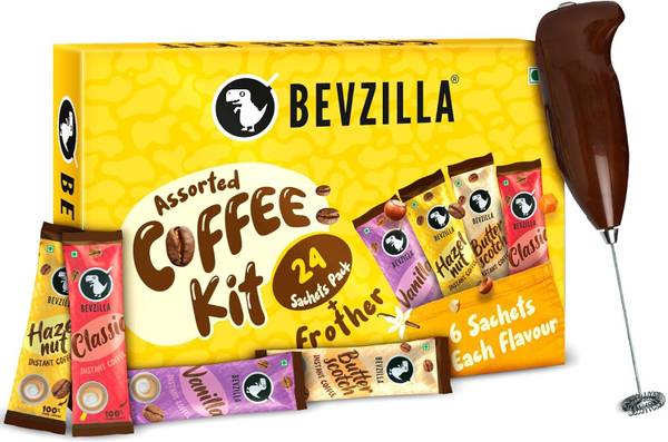 Bevzilla 24 Assorted Coffee Powder Sachet with Frother |Caf Coffee Kit Instant Coffee