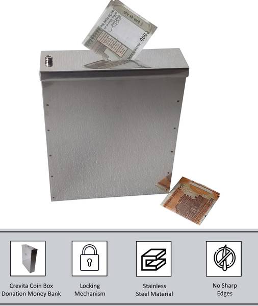 Crevita Coin Box Piggy Gullak Donation Money Bank SS Body Size- L-5.25cm, W-18cm, H-22cm Coin Bank