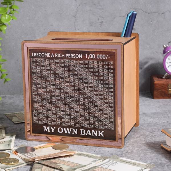LASER ART Wooden Piggy Bank with 1,00,000 Savings Tracker | Goal-Oriented Money Bank Coin Bank