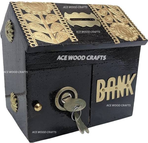 Green Wood Wooden Money Bank Hut Shape Coin Bank | Piggy Bank for Kids & Adults with Lock | Money Saving Box Decorative Return Gifts for All Coin Bank...