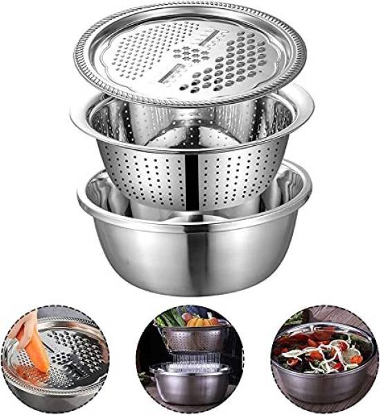 SVULINT 3 in 1 Stainless Steel Grater Solid Basin Drain Basket Washing Bowl Collapsible Strainer
