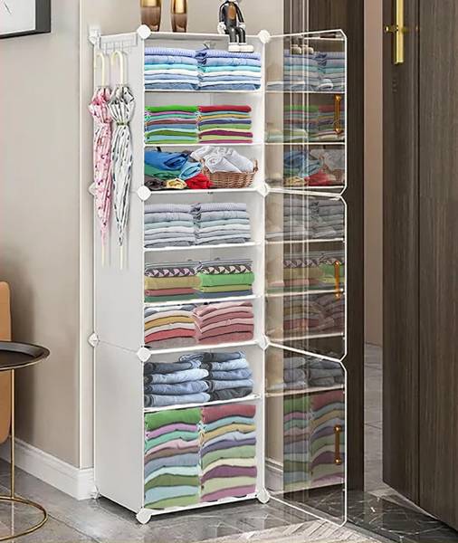 KROOH 3-Door 9-Shelf Plastic almirah Carbon Steel Collapsible Wardrobe