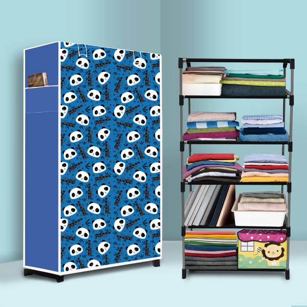 KushHome Long Life 5 Shelf Metal Foldable Wardrobe and Portable Almirah for Adults, Kids Carbon Steel Collapsible Wardrobe