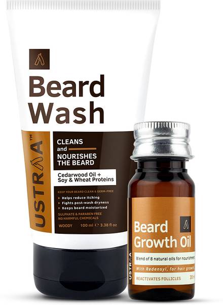 USTRAA Beard Growth Oil - 35 ml and Beard Wash Woody - 100 ml
