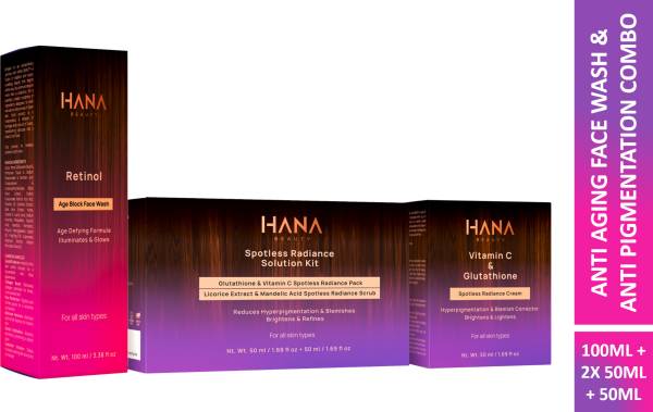 Hana Beauty Age Block Face Wash (100ml), Spotless Radiance Solution Kit (50ml+50ml) & Spotless Radiance Cream (50ml)