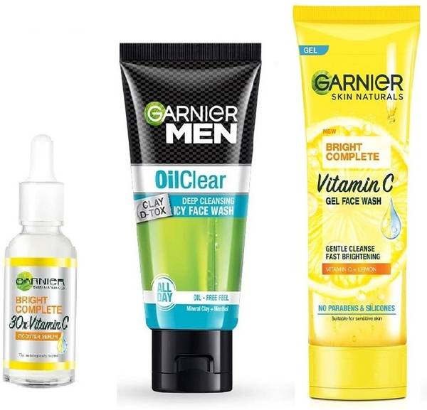 GARNIER BRIGHT COMPLETE VITAMIN C GEL FACE WASH 50g + FACE SERUM 15ml + OIL CLEAR FACE WASH 50g