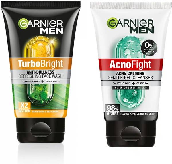 Garnier Men AcnoFight Acne Calming Gel Cleanser-100g+TurboBright Anti Dullness Facewash 100g