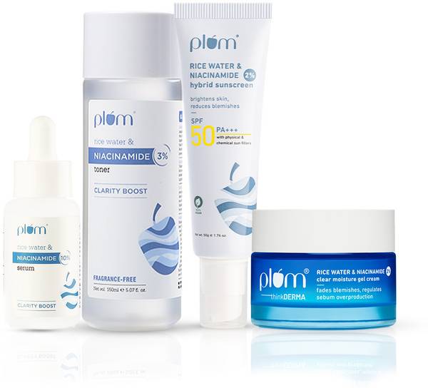 Plum Niacinamide Clear & Bright Skin Combo | With Niacinamide & Rice Water | Toner, Serum, Gel Moisturizer & SPF 50 Sunscreen