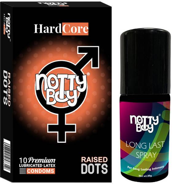 NottyBoy Long Lasting Delay Spray For Men 20g & Raised Dots Condom - 10 Units