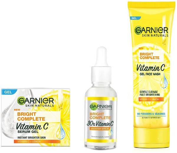 GARNIER BRIGHT COMPLETE VITAMIN C GEL FACE WASH 50g + GEL CREAM 23g + FACE SERUM 15ml
