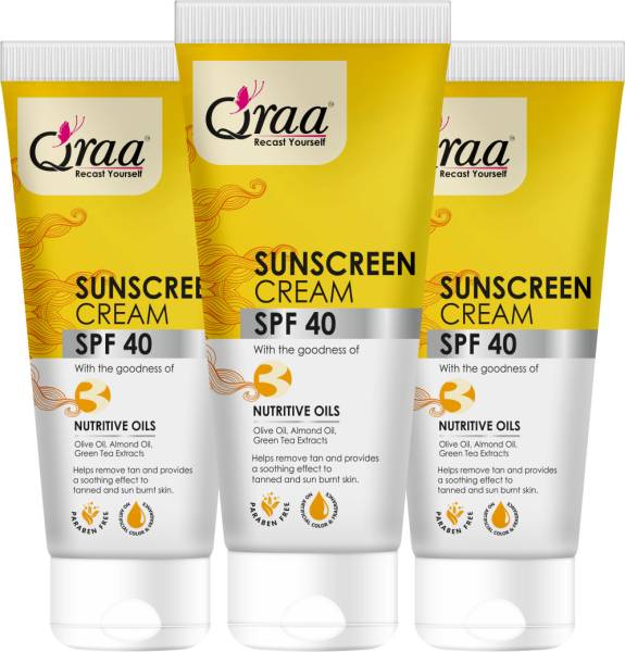 Qraa Sunscreen - SPF 40 PA++++ Sunscreen Cream SPF 40|Helps Remove Tan|Helps in Sun Burn|Pack of 3|(100gm*3)