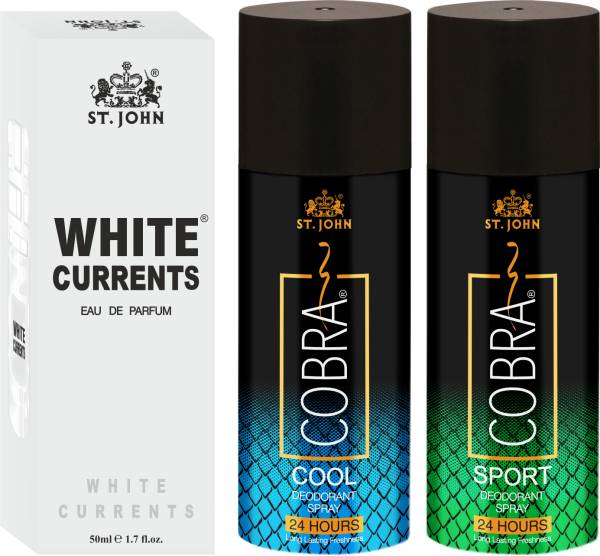 ST-JOHN Cobra Deodrant Cool 150 ml & Deo Sports 150 ml & White Current 50 ml Perfume Long Lasting Combo Gift Pack For Men & Women