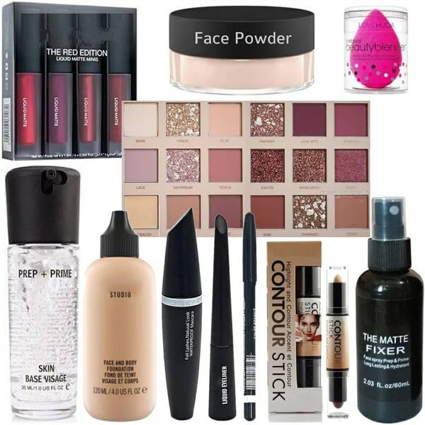 huda.bb 4IN 1MINI LIPSTICK+LOOSE POWDER+PUFF+BOTTLE PRIMER+ DOODH BOTTLE+3 IN 1+CONTOUR+FIXER+NUDEEYESHADOW