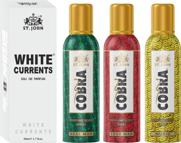 ST-JOHN Cobra No Gas Deodrant Music, True Man and Real Man (100ml Each) & White Current 50 ml Perfume Long Lasting Combo For Men & Women