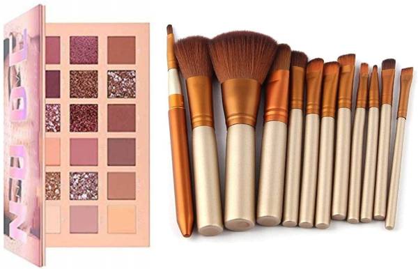 N.Y.N Beauty Eye Makeup Combo Pack of 13: Nude & Glittery Eyeshadow Palette Of 18 Shades And 12 Pcs Makeup Brush Set |For Women