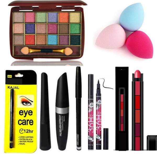 Valhalla eye makeup combo | 18 color shimmer eyeshadow 3in1 mascara combo black kajal eyeliner