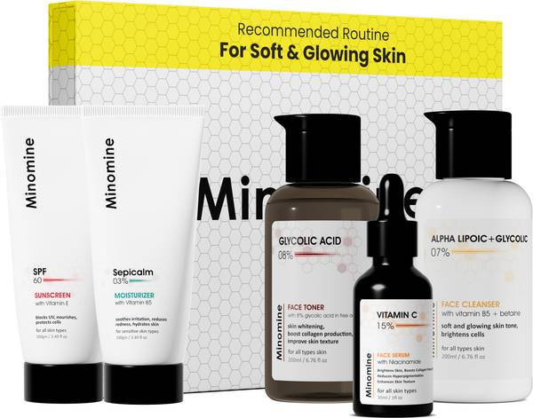 Minomine Gamechangers Skincare Routine Kit for Soft & Glowing Skin, Unisex | Cleanser, Serum, Toner, Moisturizer & Sunscreen | Combo Kit