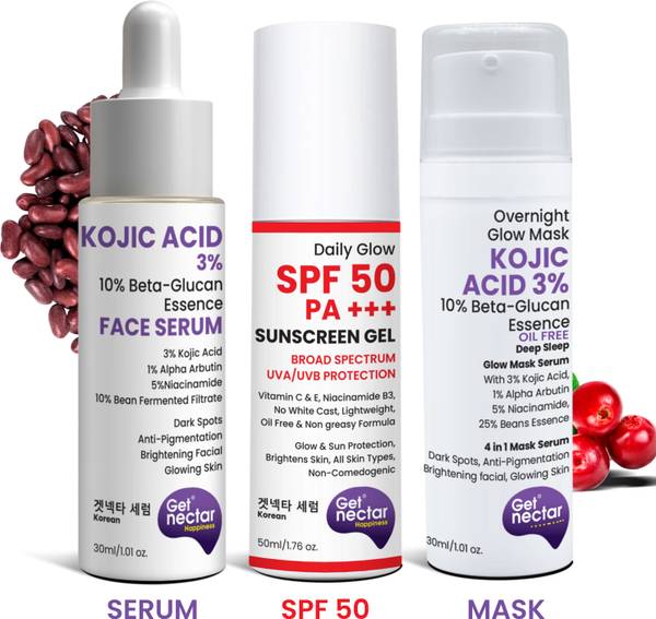 Get Nectar Happiness 3% Kojic Acid Serum Overnight Glow Mask &SPF 50 Sunscreen for Brightening Glowing Skin Sun Protection