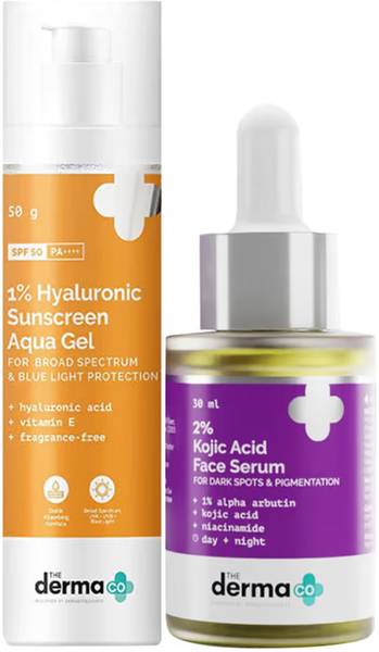 The Derma Co Essential Skin Care Combo- 1% Hyaluronic Acid Sunscreen 50g + 2% Kojic Acid Face Serum 30g | Treats Pigmentation Sun Protection