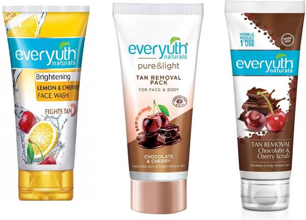 Everyuth Naturals Naturals Tan Removal Pack, Choco Cherry Scrub, Lemon Cherry Face Wash 50ML Pack of 3