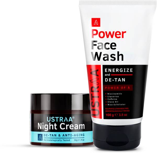 USTRAA Night Cream - De-tan and Anti-aging - 50g & Power Face Wash Energize and De-Tan - 100 g