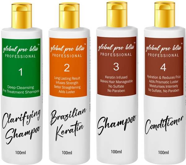 global pro bliss Brazilian Keratin Treatment Kit Protein Keratin Treatment Clarifying Shampoo & Conditioner - 100 ml