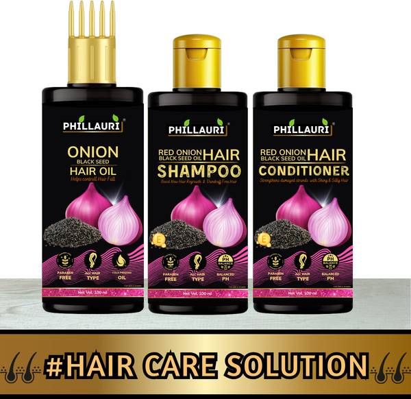 Phillauri Red onion Hair Oil(100 ml), Shampoo(100ml), Conditioner(100ml) with Onion Extract, Controls Hair Loss Kit