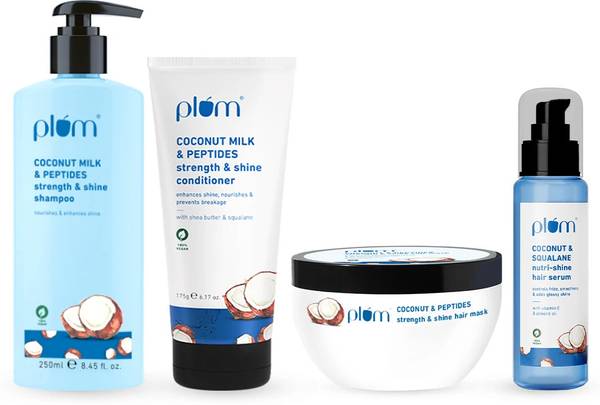Plum Coconut & Peptides Strength & Shine Combo | Shampoo, Conditioner, Hair Mask, Hair Serum| | Enhances Shine, Strengthens Strands
