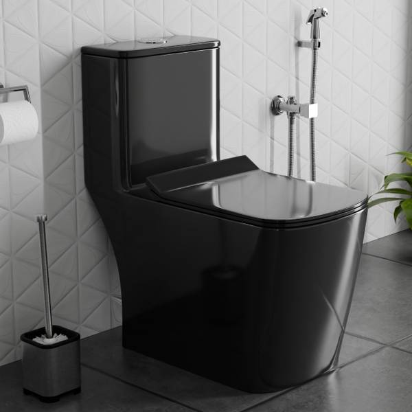 clayplus Floor mounted S-trap Ceramic Shining Black commode with seat cover and Round Flush Button/9 inch Western Commode