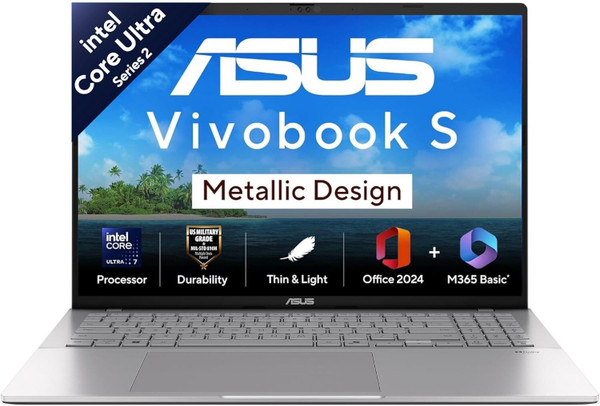 ASUS Vivobook S16 (2025) with Office 2024 + M365 Basic*, Metal Body*, Intel Core Ultra 7 255H - (16 GB/512 GB SSD/Windows 11 Home) S3607CA-SH077WS Thin and Light Laptop