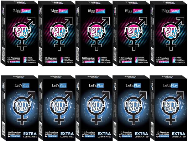 NottyBoy Extra Lubricated and Ribbed, Dotted, Contour, Long Lasting Combo Pack Condom