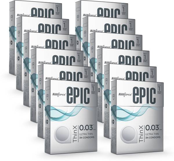 MANFORCE Epic Thinx Condoms for Men| Ultra Thin with 0.03 mm Thickness | 3 Count x 12 Condom