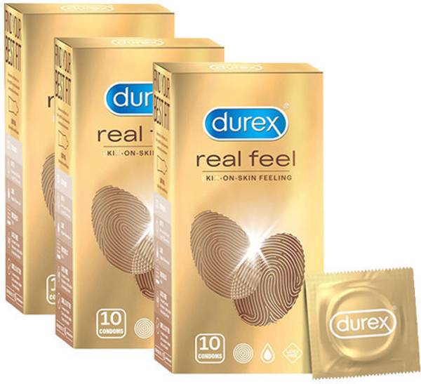 DUREX Real Feel Condoms for Men - 10 Count| For Real Skin on Skin Feeling Pack Of 3 Condom