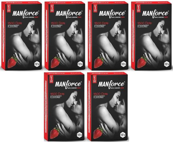 MANFORCE Xotic Strawberry Flavoured Extra Dotted Condoms for Men - 10 pcs x Pack of 6 Condom