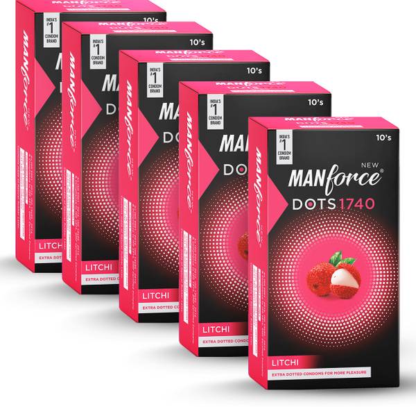 MANFORCE Extra Dotted Condoms, Litchi Flavoured 10 x Pack of 5 Condom