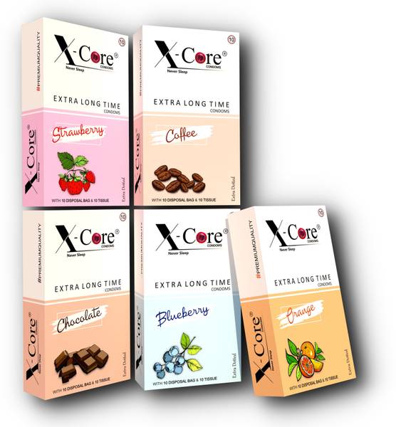 X-Core dotted condoms- 50 pcs flavored condoms, with 50 pcs. DISPOSAL POUCHES & 50 pcs. TISSUE PAPERS, Free of chemicals like paraben, Flavors-(coffee, blueberry & Strawberry), 5×10's box= 50 PCS. Condom