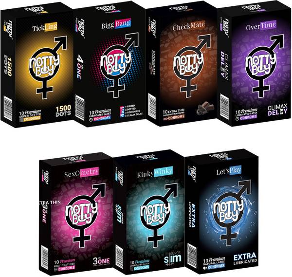 NottyBoy Condom Honeymoon Pack - Extra Thin, Ribbed, Extra Dotted, Extra Lubricated, Contour, Delay and Flavoured Condom
